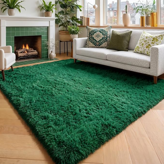Amdrebio Dark Green Large Living Room Rug 6x9, Fluffy Area Rugs for Bedroom, Soft Fuzzy Shag Rug for Kids Playroom Dorm, Thick Big Modern Rugs for Living Room Decor, Plush Cool Emerald Green Carpet