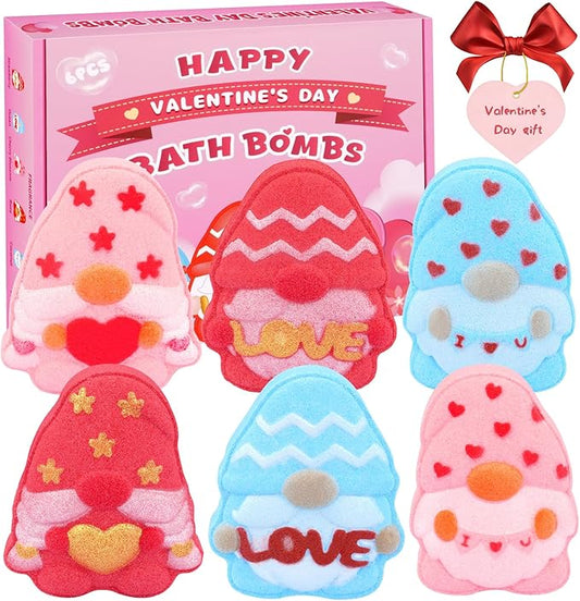 Valentines Bath Bombs, 6PCS Valentines Gnomes Heart Bath Bombs Gift Set for Women Essential Oil Bubble Bath，Body Relaxation Box for Her Wife Mom Friend