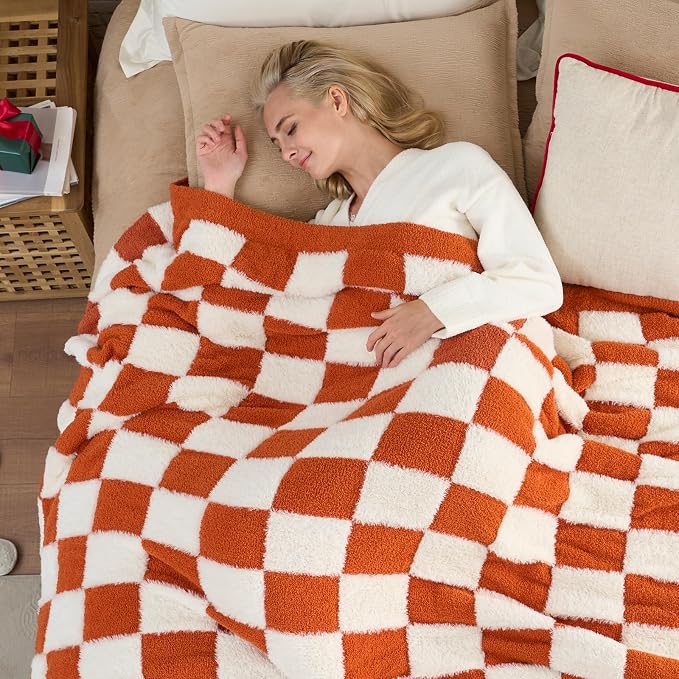 Snuggle Sac Orange Throw Blanket for Fall,Soft Fall Checkered Blanket for Couch, Cozy Faux Fur Knit Microfiber Blankets for Sofa, Bed, Orange Checker,50x60 inches