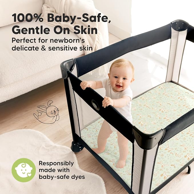 Pack and Play Sheets Fitted - 2-Pack Mini Crib Sheets for Pack N Play Mattress 38x26, Soft & Cozy, Neutral Toddler Playard Bedding, Snug Fitted Mini Baby Crib Mattress Cover Boy, Girl (Foxtrot)