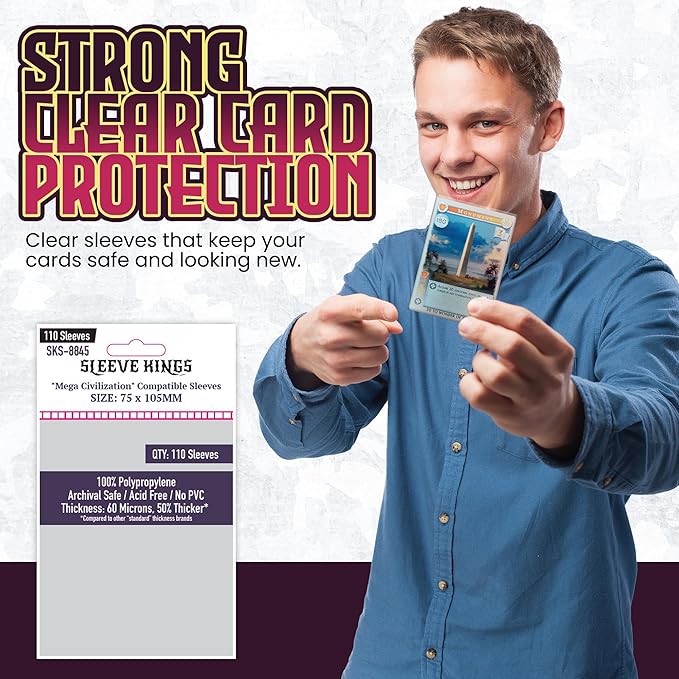 Sleeve Kings Standard Card Sleeves – 110 Count, Clear 60 Micron Thickness, Large Size (75 x 105 mm), Compatible with Mega Civilization & More – SKU: SKS-8845