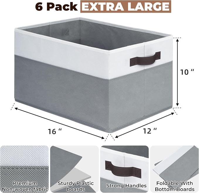 6 Pack Clothes Bins for Organization - 16x12 Extra Large Storage Baskets for Shelves Closet Bedroom - Toy Storage Organizer Bins Boxes Cubes for Nursery - RV Apartment Essentials