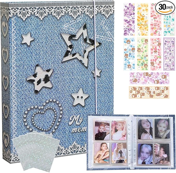Kpop Photocard Binder with 6 Stickers Sheet & 50 Shinning Protective Sleeves Kpop Photocard Holder Book with Kpop Photocard, A5 Binder Photocard Album 30 Inner Pages with 240 Pockets (Jeans)