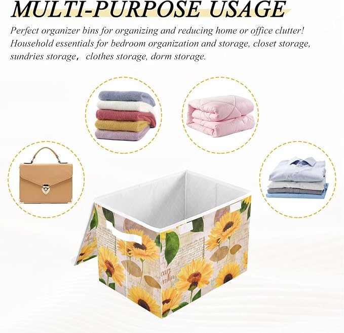 Yellow Sunflower Storage Bins with Lids and Carrying Handle,Foldable Storage Boxes Organizer Containers Baskets Cube with Cover for Home Bedroom Closet Office