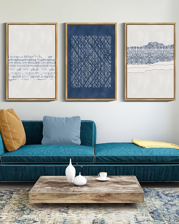 Drsoum Blue Abstract Boho Framed Wall Art Minimalist Mid-Century Modern Wall Decor Geometric Artwork Kitchen Dining Room 11x14in Natural Framed