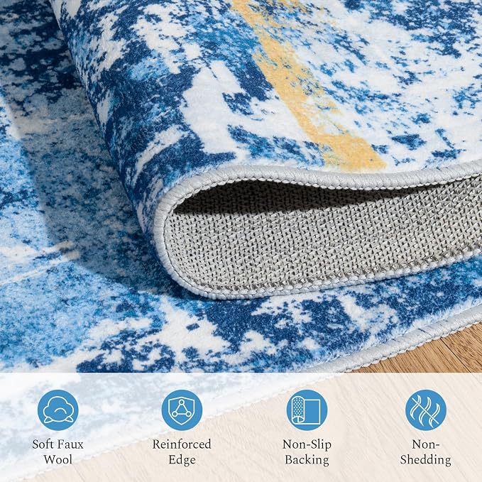 Rugflix 5x7 Area Rugs for Living Room, Washable Sky Blue Gold Large Rug | Machine Washable; Stain-Resistant; Low Pile; Non-Slip; Modern Abstract; Carpet for Bedroom Dining Office Nursery Home