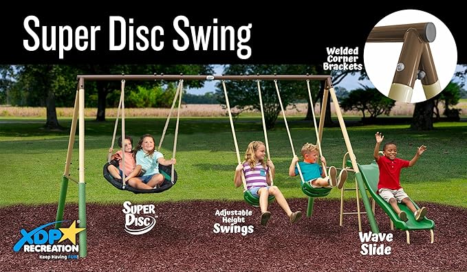 SuperDisc Swing Set with SuperDisc Swing. 5 User Capacity, Easy Assembly, Metal Frame Backyard Playground Set for Kids. with Padded Frame Legs for Safety. 148" L x 93" W x 74" H, by XDP Recreation