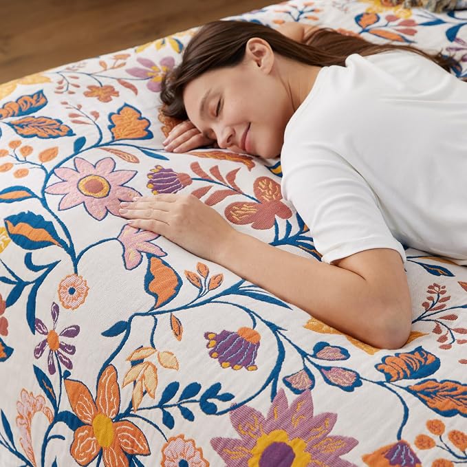 100% Cotton Boho Throw Blanket for Home Decor – Classic Farmhouse Quilt Bedding, Muslin Blankets for Adults, Vintage Woven Decorative Blanket for Couch, Bed Layering Use, Botanic Floral, 90"x90"