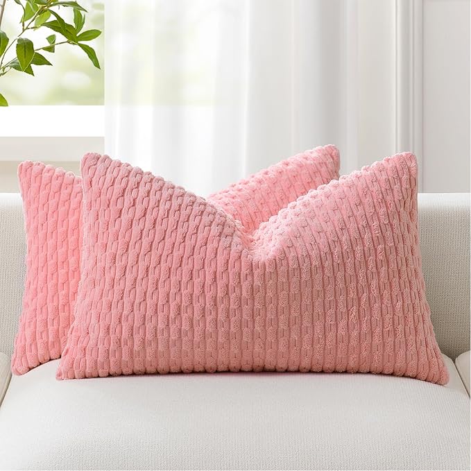 Kevin Textile Soft Corduroy 14"x24" Lumbar Pillow Cover 1 Pack, Dark Pink | Boho Stripe Plush Corduroy Decorative Oblong Cushion Cover Modern Farmhouse Home Decor for Sofa Couch Bed Chair