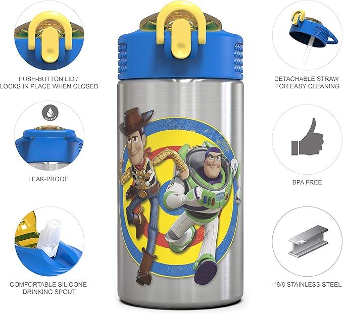 Zak Designs Toy Story 4 Buzz & Woody 15.5 ounce Water Bottle, One Hand Operation Action Lid and Built-in Carrying Loop, with Straw is Perfect for Kids