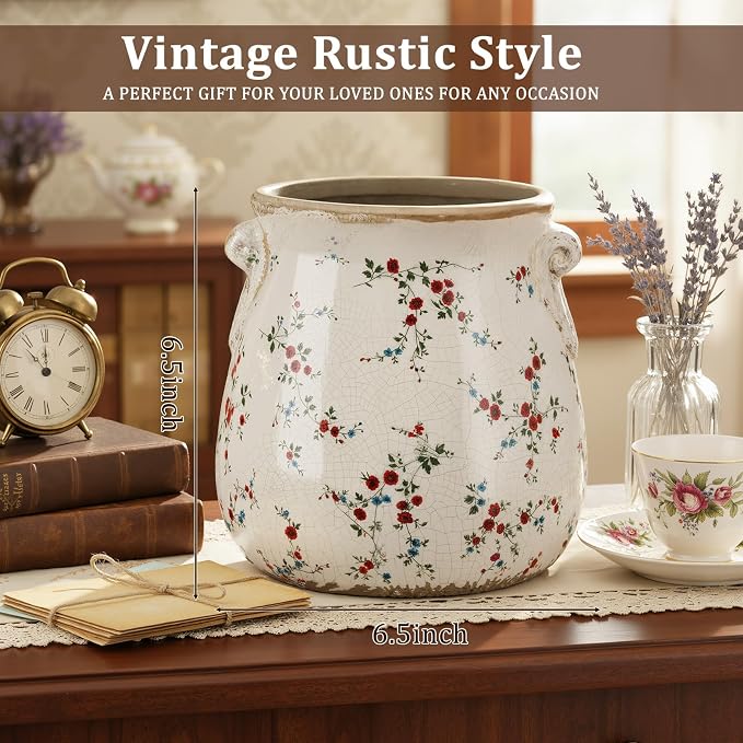 Ceramic Scroll Planter 6.5 Inch Chinoiserie Floral Vase with Drainage Holes Vintage Flower Vase Flower Pot Rustic Ceramic Pots for Indoor Plants Garden Home Bookshelf Decor(Milky)