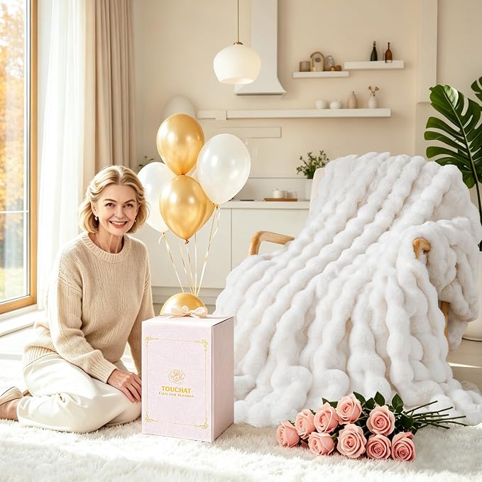 Luxury 1000GSM Faux Rabbit Fur Throw Blanket, Super Heavy Warm Cozy Blankets for Couch Bed Sofa, Bubble Plush Fuzzy Elegant Soft Mink Blanket for Mom Living Room Bedroom, Cream White