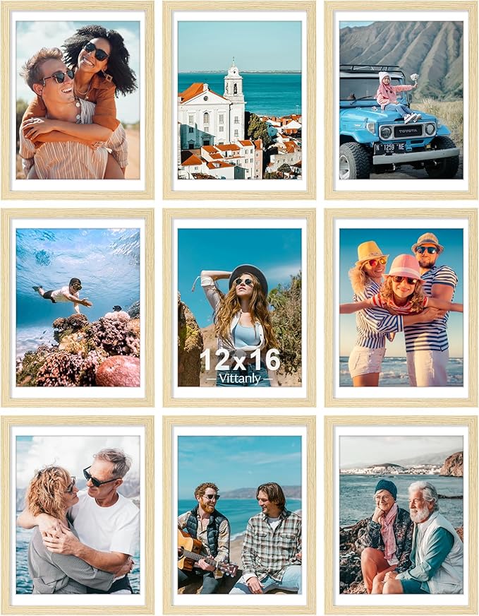Vittanly 12x16 Picture Frames Set of 9 for Wall Mounting, OAK | Display Pictures 11x14 with Mat or 12x16 without Mat, Engineered Wood with Shatter Resistant Plexiglass, Gallery Photo Frames