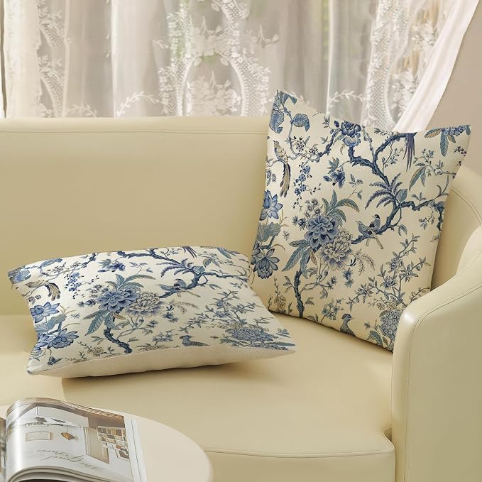 Chinoiserie Floral Bird Pillow Covers 24x24 Set of 2 Blue Chinoiserie Flowers Decorative Pillow Cases Outdoor Decor Blue and Cream Throw Pillows Farmhouse Linen Cushion Cover for Couch Home