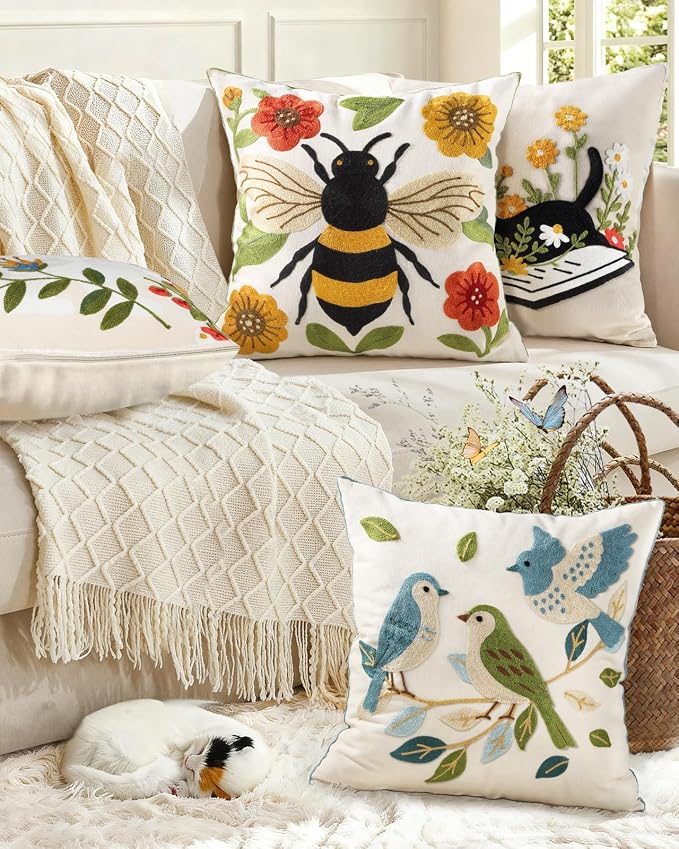 Animal Embroidered Throw Pillow Cover 18x18 Inch, Bee Floral | Decorative Pillow Cover, Farmhouse Cushion Cases with Hidden Zipper, Cottagecore Decor for Couch, Sofa, Living Room