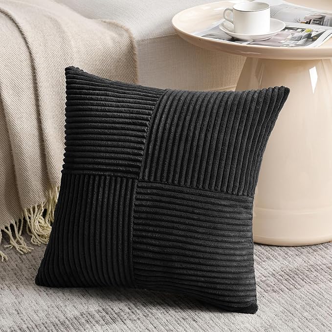 Fancy Homi 2 Packs Black Decorative Throw Pillow Covers 22x22 Inch for Living Room Couch Bed Sofa, Rustic Farmhouse Boho Home Decor, Soft Corss Corduroy Patchwork Accent Square Cushion Case 55x55 cm