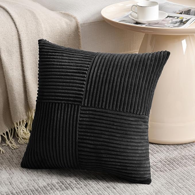Fancy Homi 2 Packs Black Euro Decorative Throw Pillow Covers 26x26 Inch for Couch Bed Sofa, Rustic Farmhouse Boho Home Decor, Soft Corss Corduroy Patchwork Textured Square Cushion Case 66x66 cm