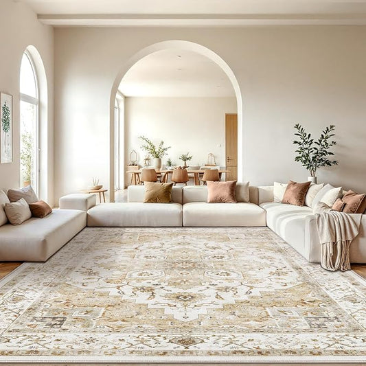 AMADA HOMEFURNISHING 10x14 Washable Area Rug, Low-Profile Large Area Rug with Non-Slip Backing & Durable Edge Binding, Vintage Large Rugs for Living Room, Bedroom & Dinning Room