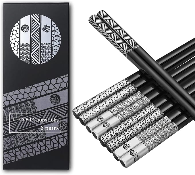 Stainless Steel Chopsticks Set-5 Pairs Reusable Metal Chopsticks 18/8 Dishwasher Safe, Non-Slip Laser Engraved Tips -Premium Japanese Korean Style Titanium Plated Black Chop sticks -Gift Box