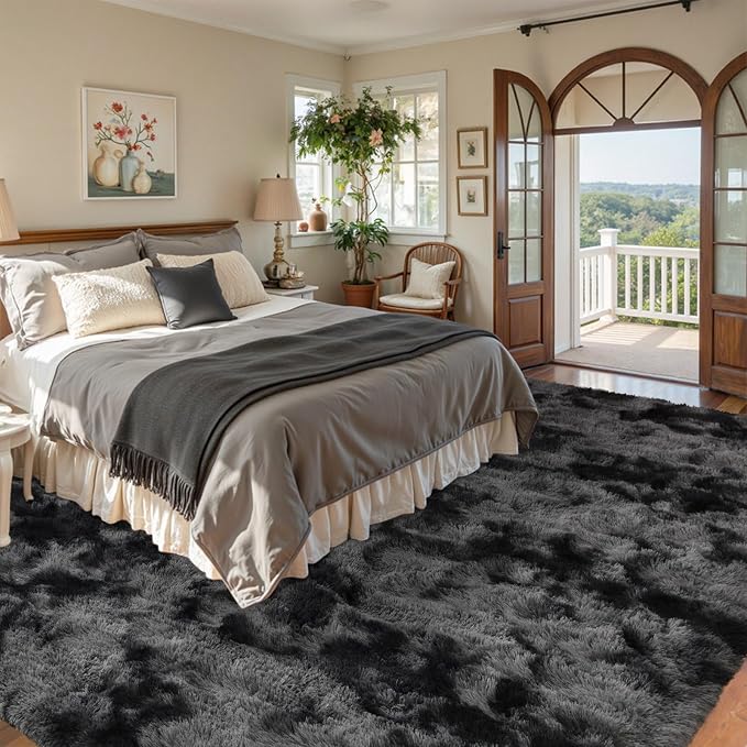 Area Rugs for Living Room 8x10 Black Grey Fluffy Rug,Super Fuzzy Fur Bedroom Carpet for Boys Dorm Office Nursery Modern Home Decor