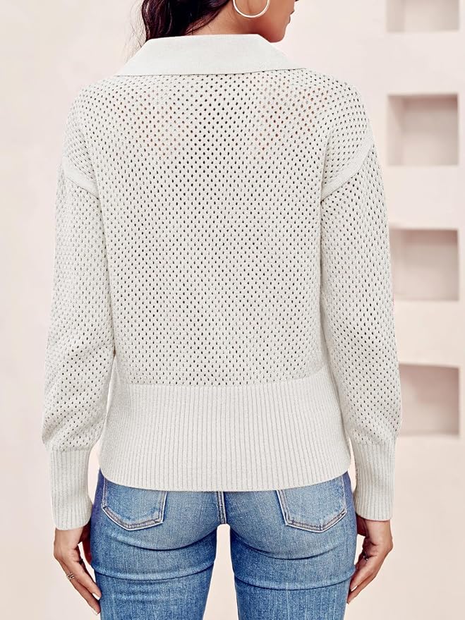 Doshoop Womens Summer Crochet Sweaters Long Sleeve Hollow Out Knit Half Zip Lapel Collar Pullover Tops
