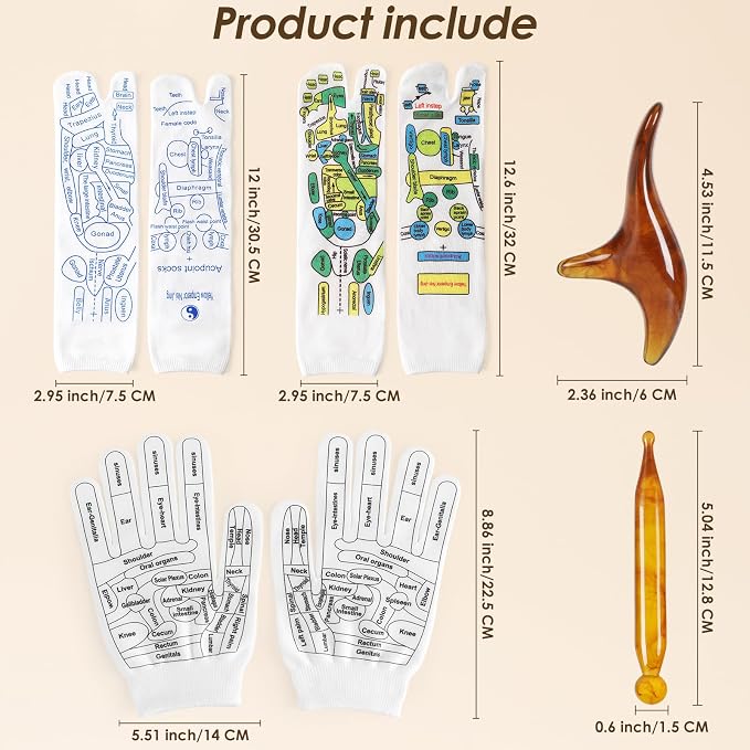 Reflexology Socks Set with Gloves Tools, 2 Pairs Chiro Acupressure Acupuncture Trigger Point Foot Hands Pain Relief Remedy Acupoint Massage Birthday Gifts for Women C