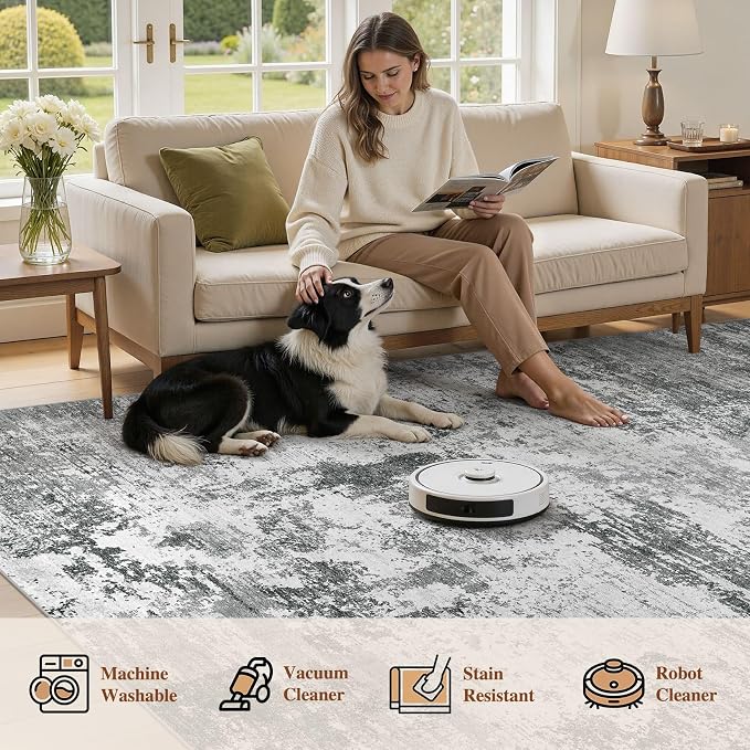 UERMEI 6x9 Area Rug for Living Room - Washable Neutral Modern Abstract Carpet, Non-Slip Soft Large Indoor Floor Rugs for Bedroom Home Office & Under Dining Table Decor, Grey Black