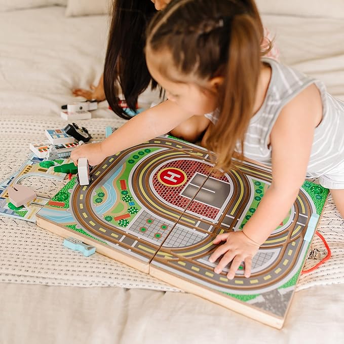 Melissa & Doug 18-Piece Wooden Take-Along Tabletop Town, 4 Rescue Vehicles, Play Pieces, Bridge