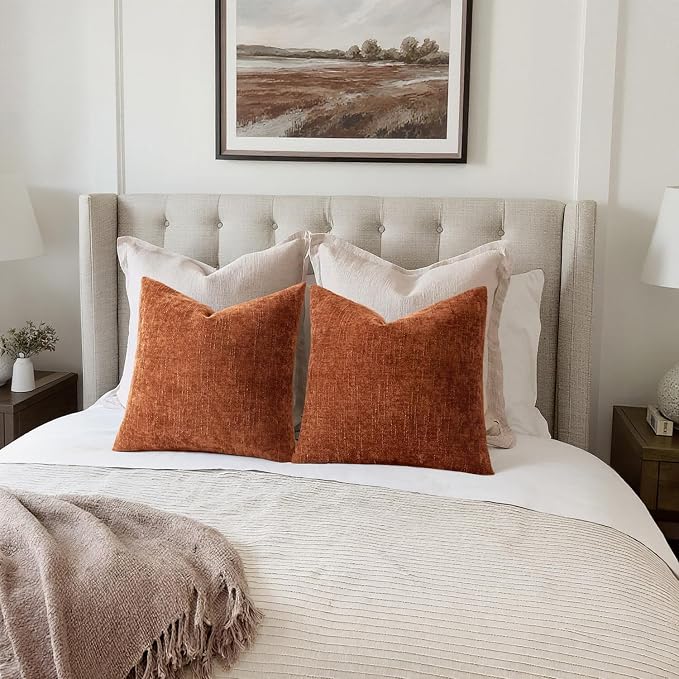 MIULEE 24x24 Inch Euro Textured Chenille Fall Pillow Covers Burnt Orange | Pack of 2 Fall Decorative Soft Throw Pillows, Solid Textured Cushion Covers, Home Decor for Bed Couch Sofa Bedroom Livingroom