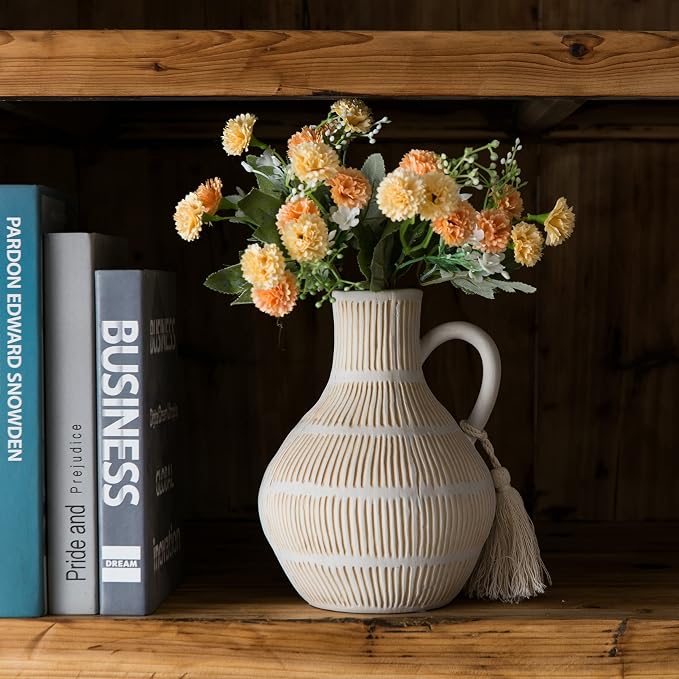 Mowtanco Rustic Ceramic Vase for Home Decor, Farmhouse Decorative Vases for Pampas Grass, Terracotta Vase with Tassel Design, Handle Flower Vase, Clay Vase for Living Room Decoration, 8 inch Tall