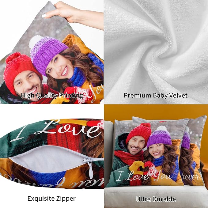 Easycosy Custom Pillow with Picture & Text, Two-Sides Velvet Customized Photo Pillowcase, 16"x16" Personalized Pillowcover with Photo, Custom Valentines Decor Love Gifts (Optional Pillow Insert)