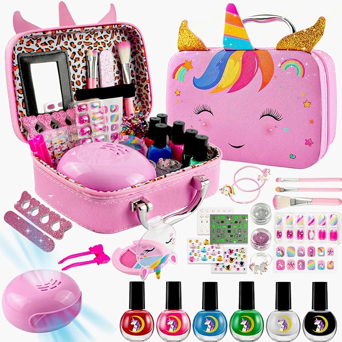 Kids Washable Makeup Kit& Nail Polish Kit for Girl, Kids Play Makeup Set Nail Art Princess Make Up Pretend Play Christmas Birthday Gift for Girls 3 4 5 6 7 8 9 10 11 12 Year Old