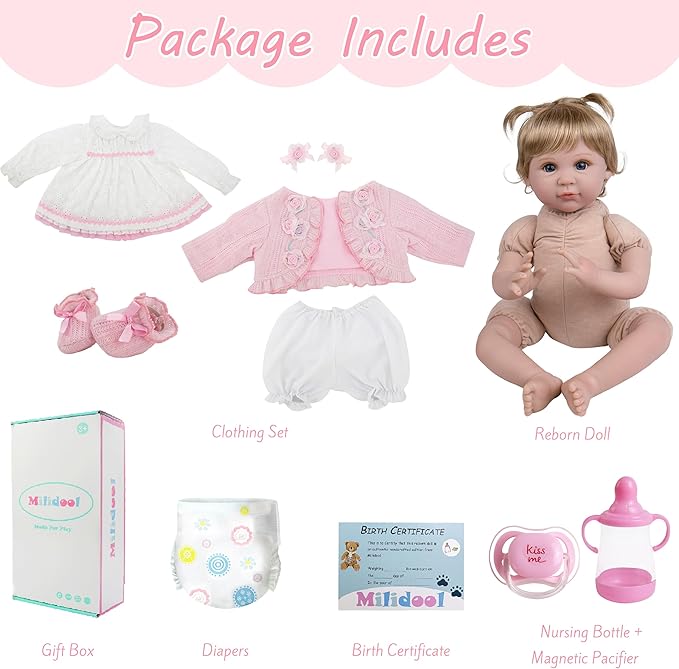 Milidool Lifelike Reborn Baby Dolls Girl - Realistic Newborn Silicone Baby Dolls Girl Real Packaged with Bunny Toy Feeding Toy Accessories Gift Set for Kids Age 3+