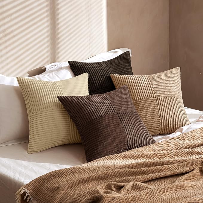 MIULEE Boho Decorative Throw Pillow Covers 18x18 Set of 4 Farmhouse Neutral Cushion Cases Gradient Corduroy Pillow Cases Modern Soft Corduroy Patchwork Home Decor for Couch Sofa Bedroom Dark Brown