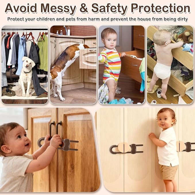 10 Pcs Sliding Cabinet Latches, U Shaped Cabinet Door Locks, Baby Cabinet Safety Latches for Baby Proofing, No Drilling Tool-Free Installation Easy to Use for Knobs or Handle Double Door (Brown)