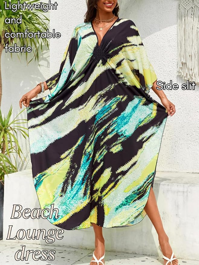 ChiaoLezhee Print Moo-Moos for Women, Kaftan Cover-Up Dresses, Sexy V-Neck High-Slit, Beach Pool-Party Coverups Muumuu Plus