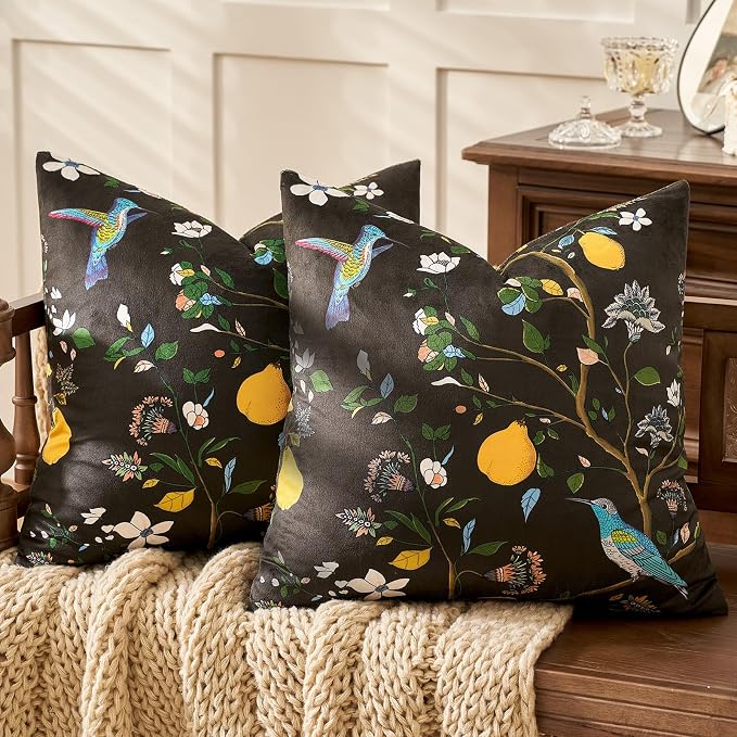 MUSSEL Brown Velvet Floral Decorative 16x16 Pillow Covers Set of 2 | Soft Durable and Sturdy,Bird Plant,Throw Pillows Case,Square,Colorful Modern Cushion Covers,Home Sofa Bed Couch Decor