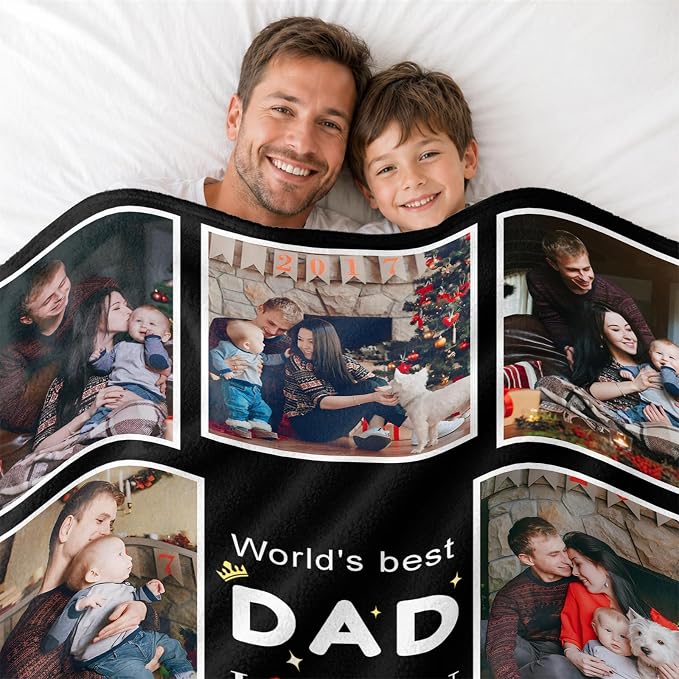 Fathers Day Birthday Gift for Dad Custom Blanket with 6 Photo & Text, Personalized Blankets with Picture to My Dad, HD Printing Customized Flannel Throw Blanket Gifts for Best Daddy Grandpa Ever