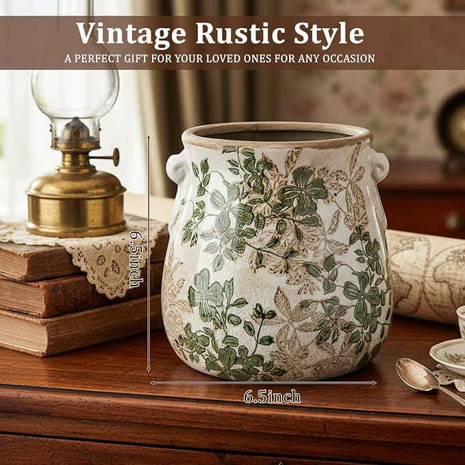 Ceramic Scroll Planter 6.5 Inch Chinoiserie Floral Vase with Drainage Holes Vintage Flower Vase Flower Pot Rustic Ceramic Pots for Indoor Plants Garden Home Bookshelf Decor(Double Green)
