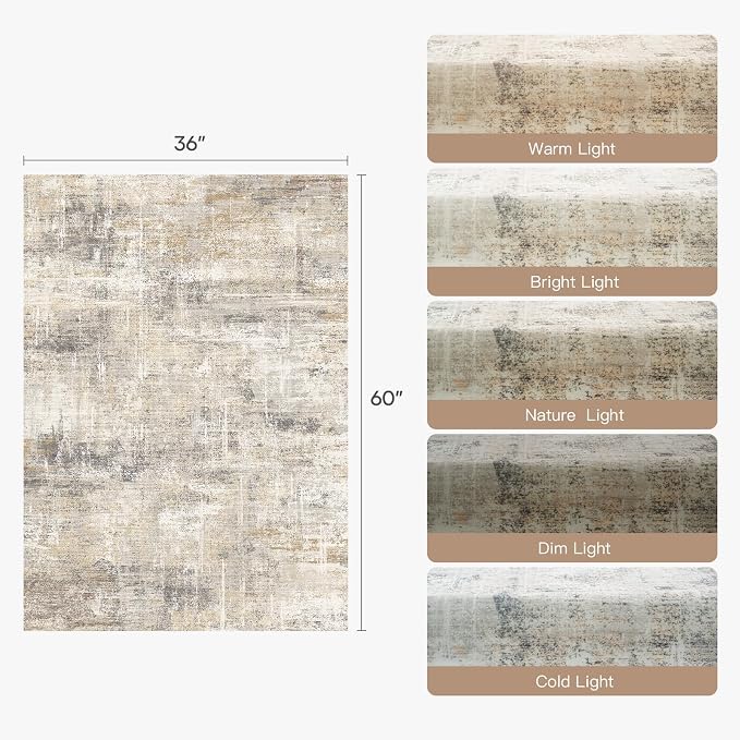 3x5 Area Rug for Entryway, Gold Abstract Washable Non-Slip Rug for Kitchen | Low Pile Soft Small Rugs, Abstract Carpet for Bathroom Bedroom Tool Room, Stain Resistant Foldable Distressed Rug