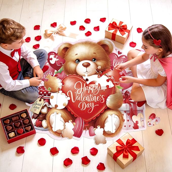 Valentines Day Puzzles with 49 Large Pieces - Happy Valentine's Day Shaped Floor Puzzle for Party Decorations, Gifts, and Classroom Activities
