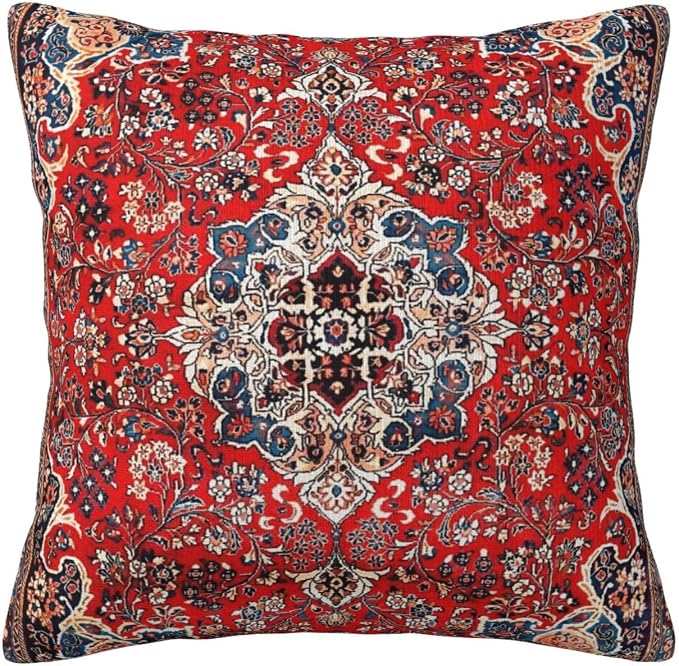 Red Blue Sarouk Persian Carpet Print Pillow Covers Decorative Square Throw Pillowcase 18x18 Inch Couch Cushion Cover for Home Decor Living Room Bedroom College Dorm Bed Car Sofa