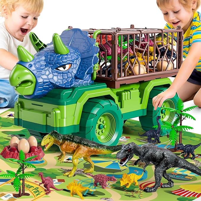Dinosaur Toys for Kids 3-5, Dinosaur Transport Truck Car Set with 8 Dinosaur Figures & Play Mat, Gift for 2 3 4 5 6 7 Year Old Toddler Boys