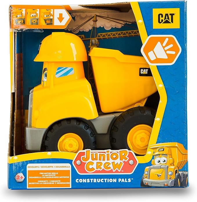 CAT Construction Toys, Junior Crew Construction Pals Dump Truck Educational Preschool Vehicle with Kid Vroom Sounds and Animated face. for Ages 2+