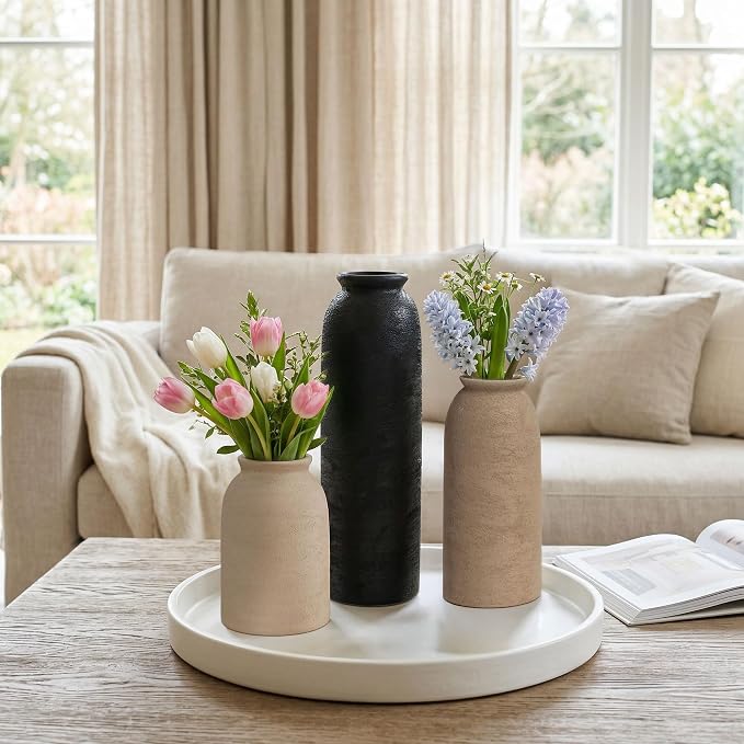 Ceramic Vase Set of 3, Small Flower Rustic Vase Home Decor Neutral Modern Farmhouse Boho Pampas Pottery Vases Decorative Centerpiece for Table Mantel Shelf Living Room Kitchen Bathroom