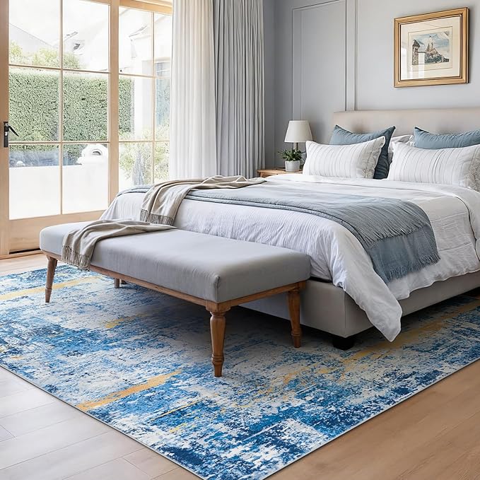 Rugflix 5x7 Area Rugs for Living Room, Washable Sky Blue Gold Large Rug | Machine Washable; Stain-Resistant; Low Pile; Non-Slip; Modern Abstract; Carpet for Bedroom Dining Office Nursery Home