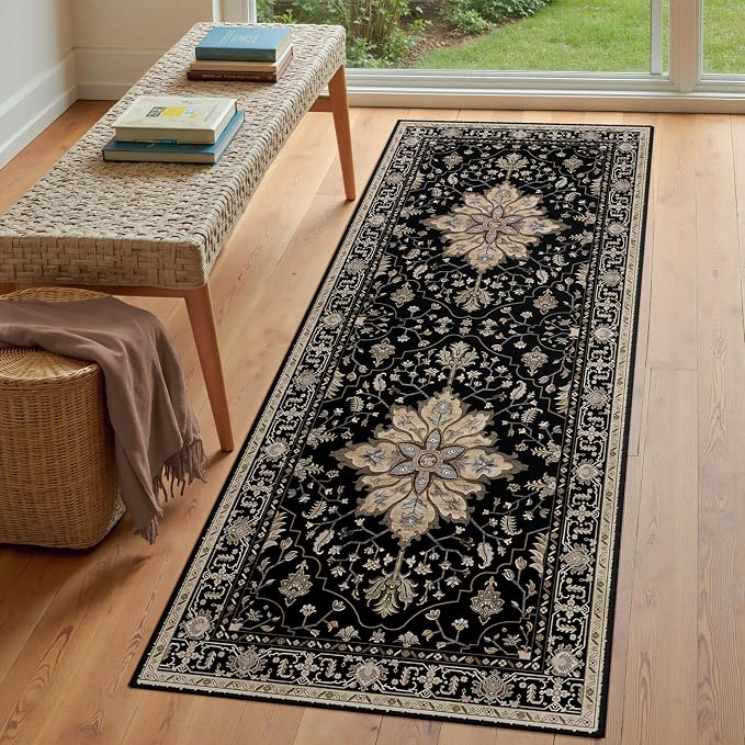 RELEANY Area Rugs Runner 3'x7' Washable Non-Slip, Floral Vintage Distress Medallion Carpet for Kitchen Hallway Bedroom Beside Laundry Room Bathroom, Black Brown Neutral Dark Tan