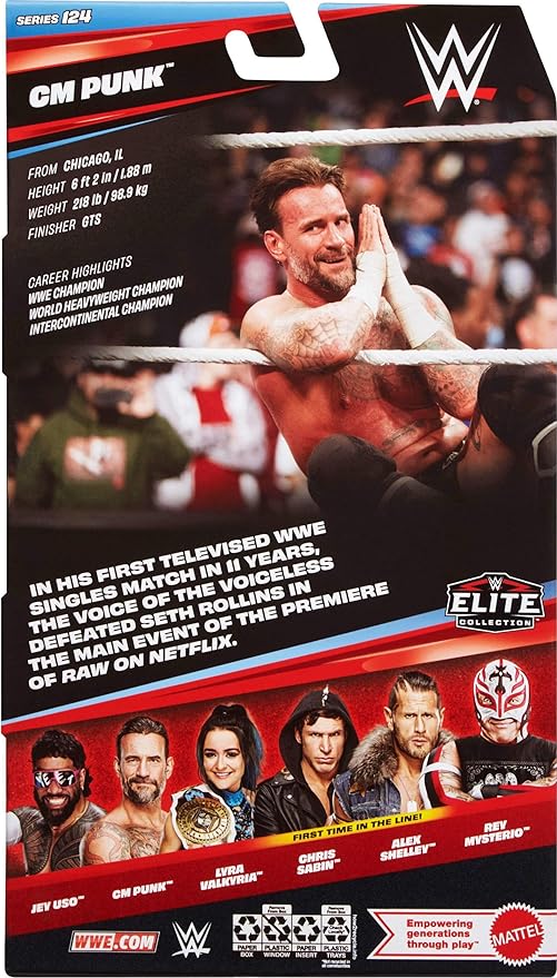 Mattel WWE Elite Action Figure & Accessories, Series #124 Set, 6-inch Collectible CM Punk with 25 Articulation Points & Swappable Hands