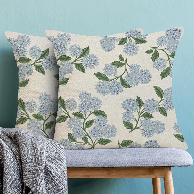 AEIOAE Spring Pillow Covers 16x16 Inch Set of 2, Green Blue Hydrangea Flower Throw Pillows Case,Floral Summer Outdoor Seasonal Decorative Farmhouse Decor Cushion Covers for Home Sofa Bed Couch