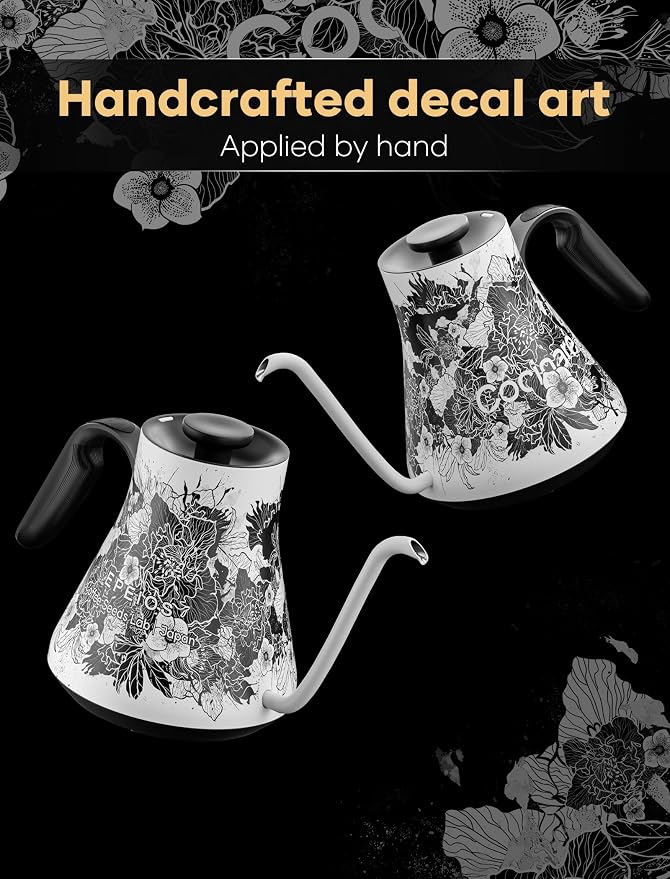 Cocinare Gooseneck Electric Kettle, ±0.5°F Precise Temperature Control, 1500W Fast Heating, Pour-Over Coffee & Tea, Stainless Steel, 0.9L (Artisan Blossom Design)